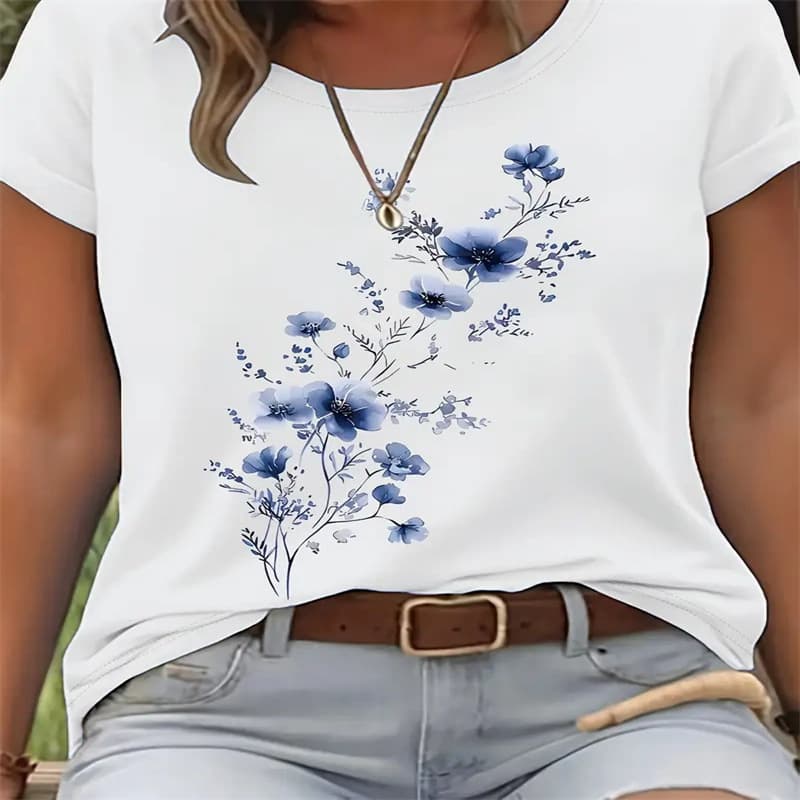 Cross-border Stock Women's Summer T-Shirt Printed Fashion Casual Cute Short-Sleeve Round Neck Printed T-Shirt