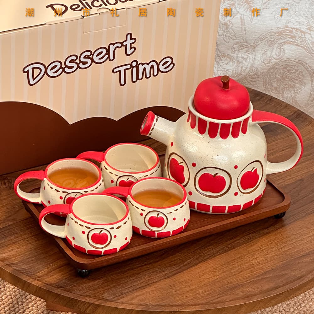 Wholesale Coarse Pottery Retro Apple Water Tea Set Home Living Room High Appearance Ceramic Water Set Housewarming Gift