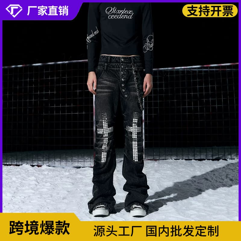 Cross-border Y2K Subculture Rhinestone Washed Distressed Double-Waist Jeans with Diagonal Button Fly and Slight Flare for Men and Women