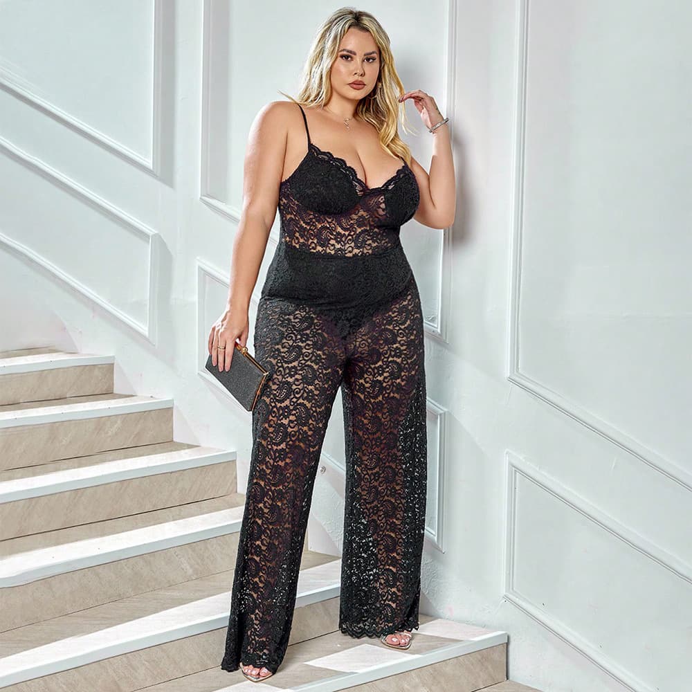 Cross-border spring and summer new European and American plus size women's jumpsuit lace hollow deep V casual suspender straight jumpsuit