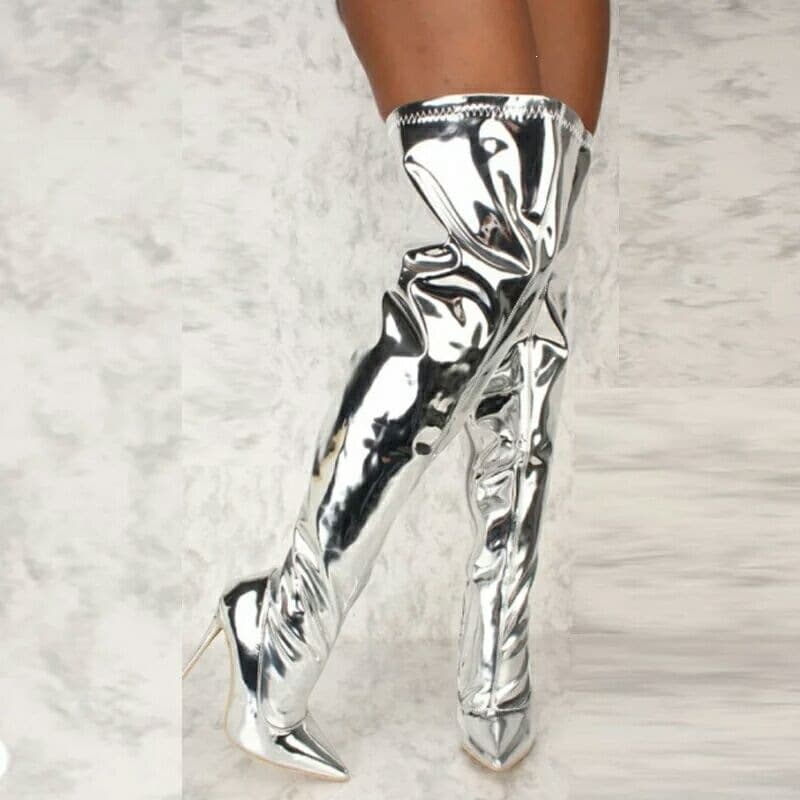 European American Pointed Toe Sexy Mirror Shiny Women's Over-the-Knee Boots Fashion Runway Nightclub Ultra High Heel Thin Heel Women's Long Boots Large Size