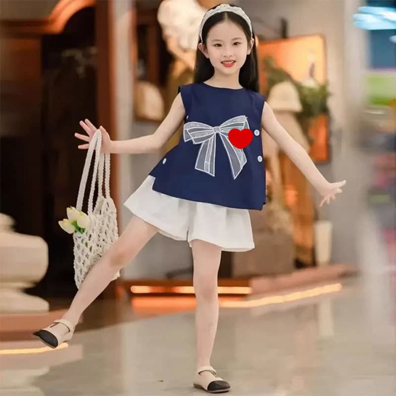 Internet celebrity girl's fashion vest, short-sleeved shorts two-piece set, medium and large children's Korean style bow tie contrast color sleeveless two-piece set