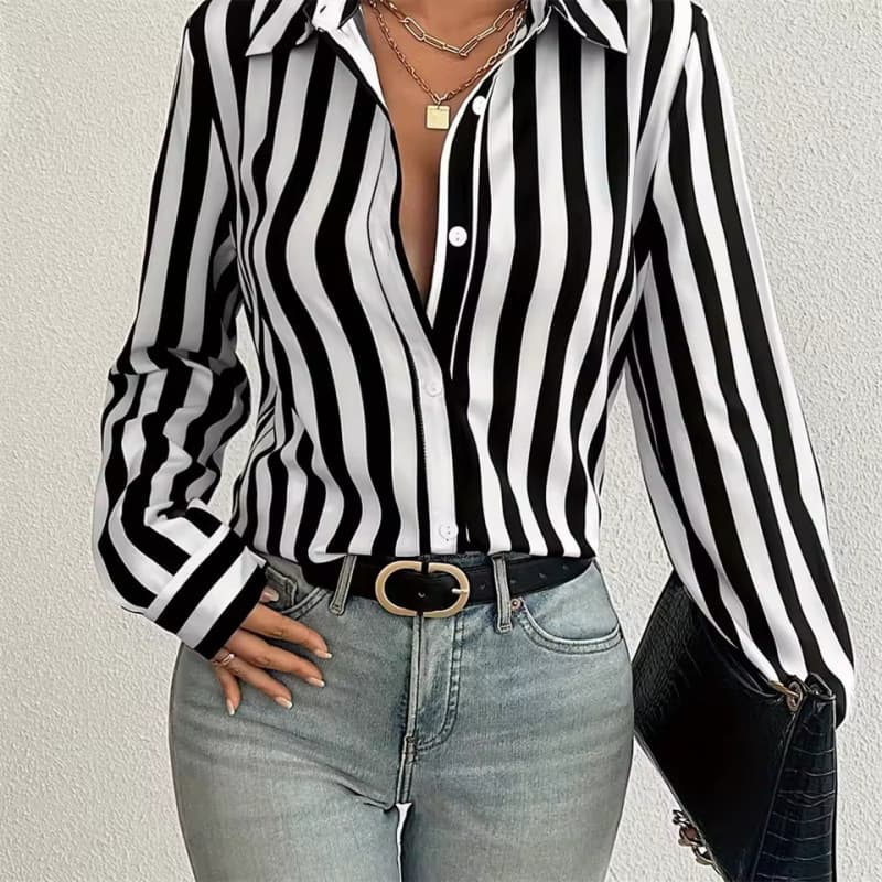 Factory Direct Elegant Black Striped 3D Print Long Sleeve Shirt Women's Fashion Turn-down Collar Button Down Shirt
