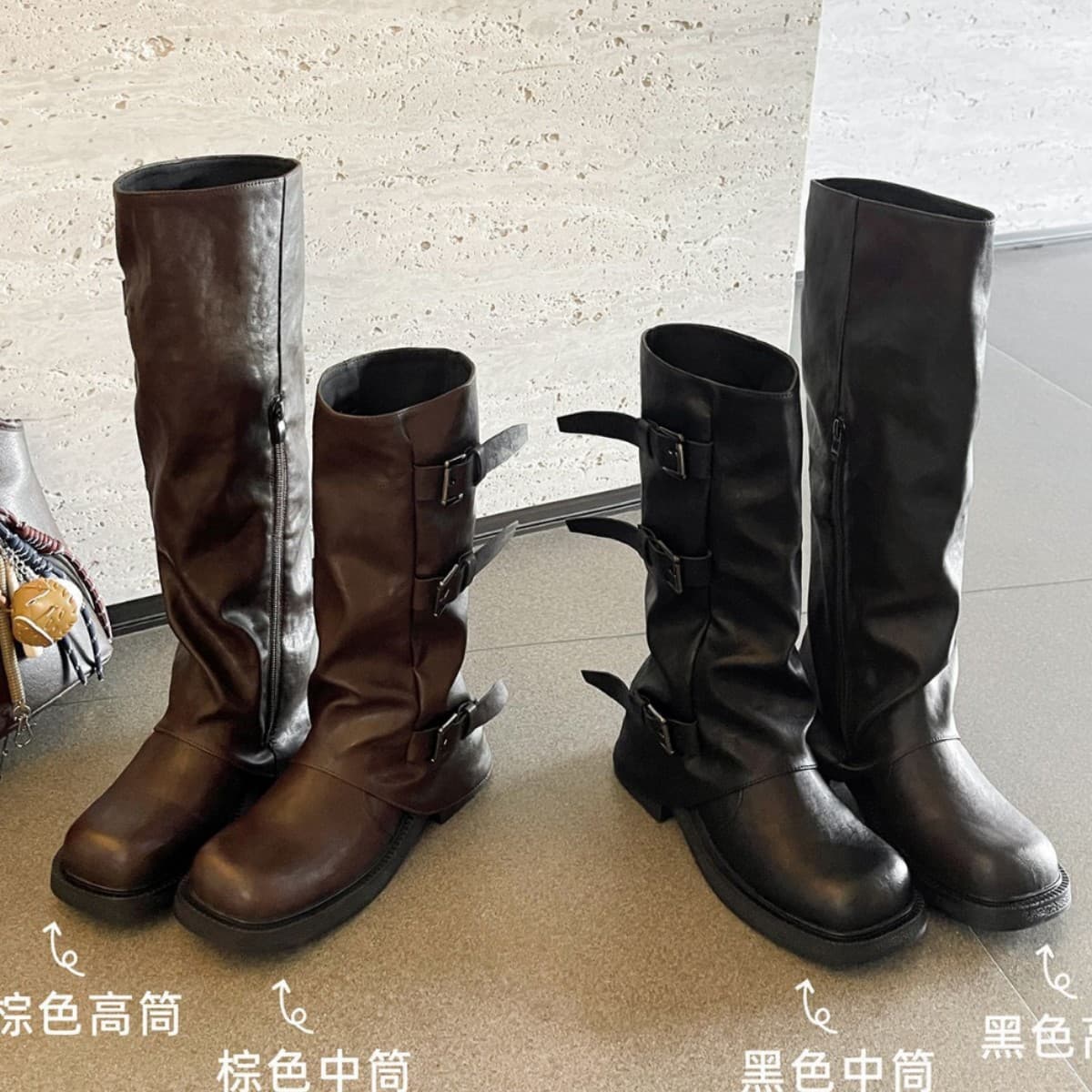 Genuine leather~increased black mid-length trouser boots for women autumn western cowboy knight boots thick sole pleated pile boots