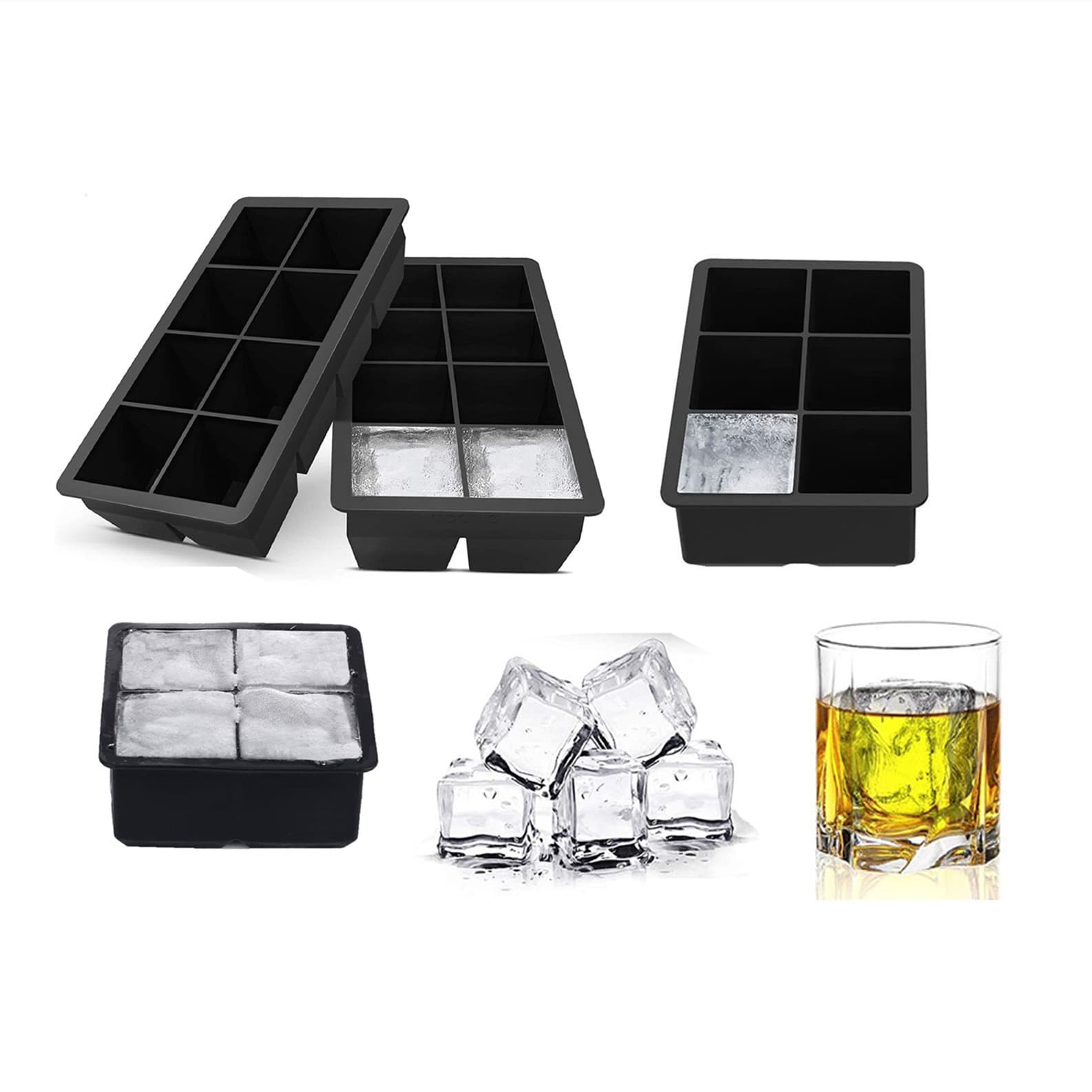 8-Cavity Square Ice Mold for Whiskey, 4-Cavity Ice Cube for Cocktail Wine Mixer, 6-Cavity Silicone Ice Cube Tray