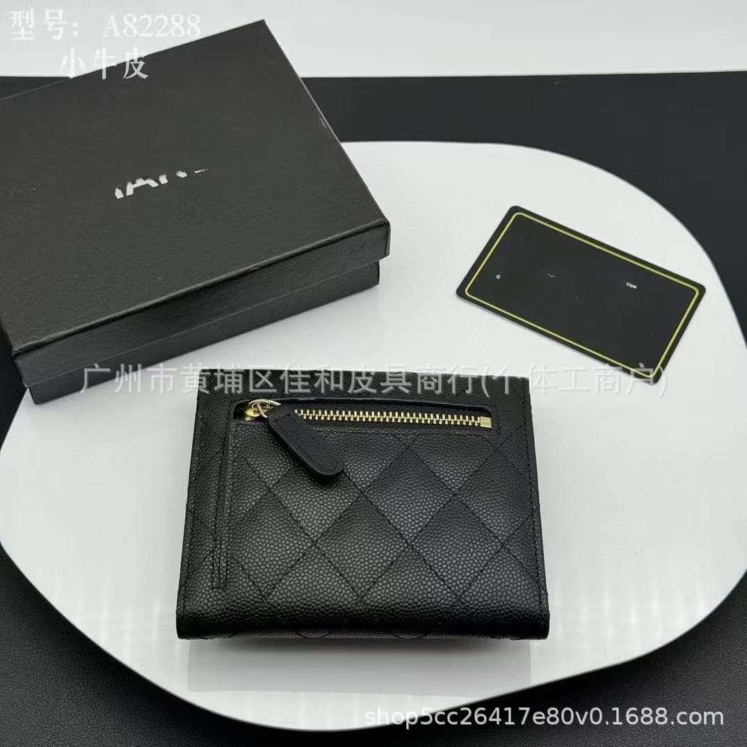 Export Best-Seller Genuine Leather Quilted Wallet Card Holder CF Mini Small Bag Multi-Function Tri-Fold Coin Purse Short Wallet