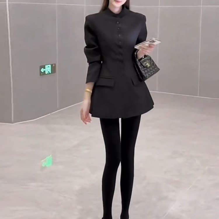 Korean style elegant Chanel-inspired black oversized suit dress for women, autumn and winter, slimming and sophisticated.