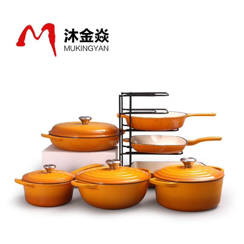 Cast Iron Enamel Pot 7-Piece Set, Multi-Functional Frying Pan, Flat Pan, Stew Pot, Seafood Pot, Mama Pot, Cookware Set