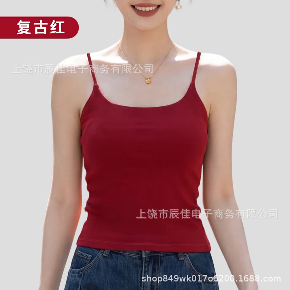 Red Backless Camisole Top with Built-in Pads 8010 Summer Slim Fit Solid Color Layering Spaghetti Strap Bustier Top