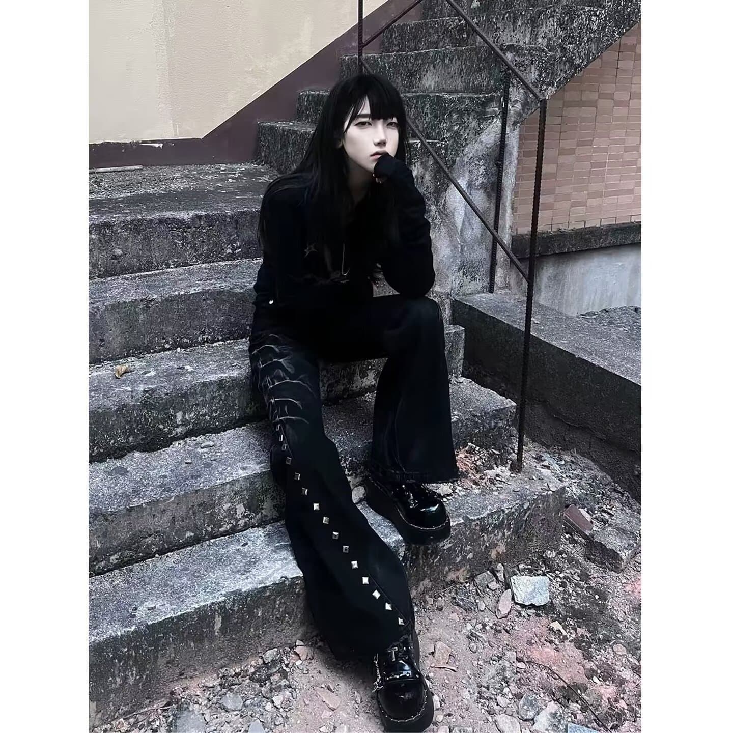 Heavy design niche washed distressed structure line micro-flare jeans metal zipper design trousers