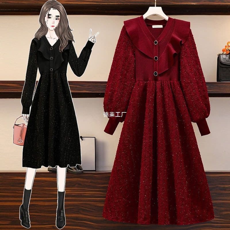 Mid-Length Plus Size Knit Women's Dress 2023 Autumn/Winter New Ruffle Collar Slimming Waist A-Line Skirt