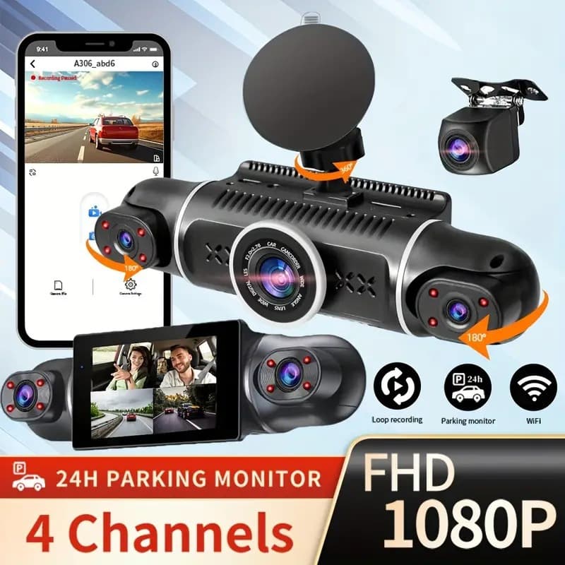 4-Channel Dash Cam 3-Inch HD 1080P In-Car and Out-Car Front Rear Left Right 360° Panoramic View with WiFi