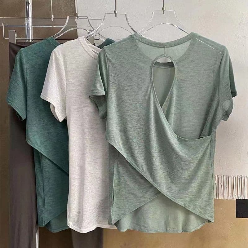 Summer new style micro-transparent yoga tops for women with hollow beautiful back sports short-sleeved plus size women's T-shirts fitness clothes