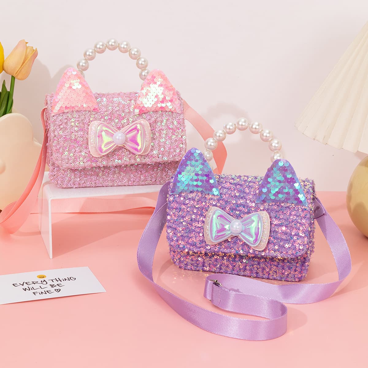 Cross-Border Kids Bag Cute Girl Crossbody Cat Ear Pearl Handbag Sequins + Patch Customizable