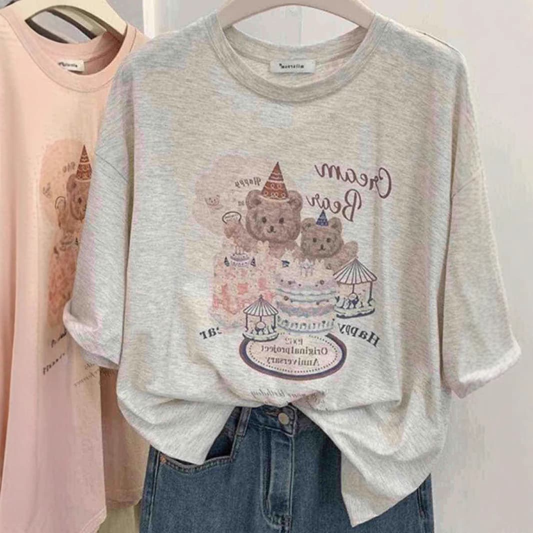 Plus Size 300lb Cute Bear Print Cotton Short Sleeve T-Shirt for Women Summer Loose Fit Covering Top