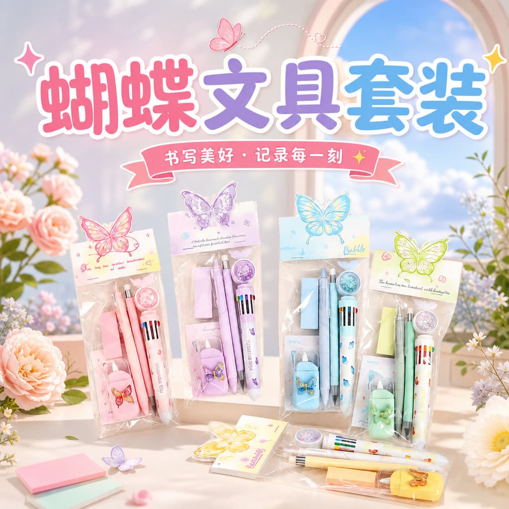 Cross-border high-looking butterfly stationery set student multi-functional stationery gift bag student gift class reward gift