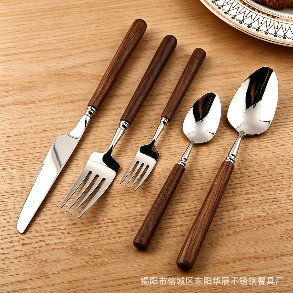 Taiwan Wooden Handle Cutlery Fork and Spoon 304 Stainless Steel Fork Spoon Tableware Home Western Restaurant Steak Knife Fork Dessert Spoon