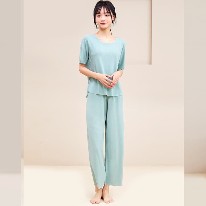Couple Cooling Sleepwear Summer Ice Silk Ribbed Thin Lounge Pants Wearable Outside Men's Short Sleeve Home Suit