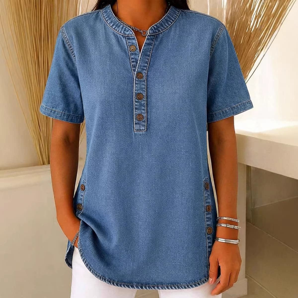 Casual Women's Henley Shirt Creative Imitation Denim Independent Station Cross-border Foreign Trade Style Men's 3D Digital Print Hot Style