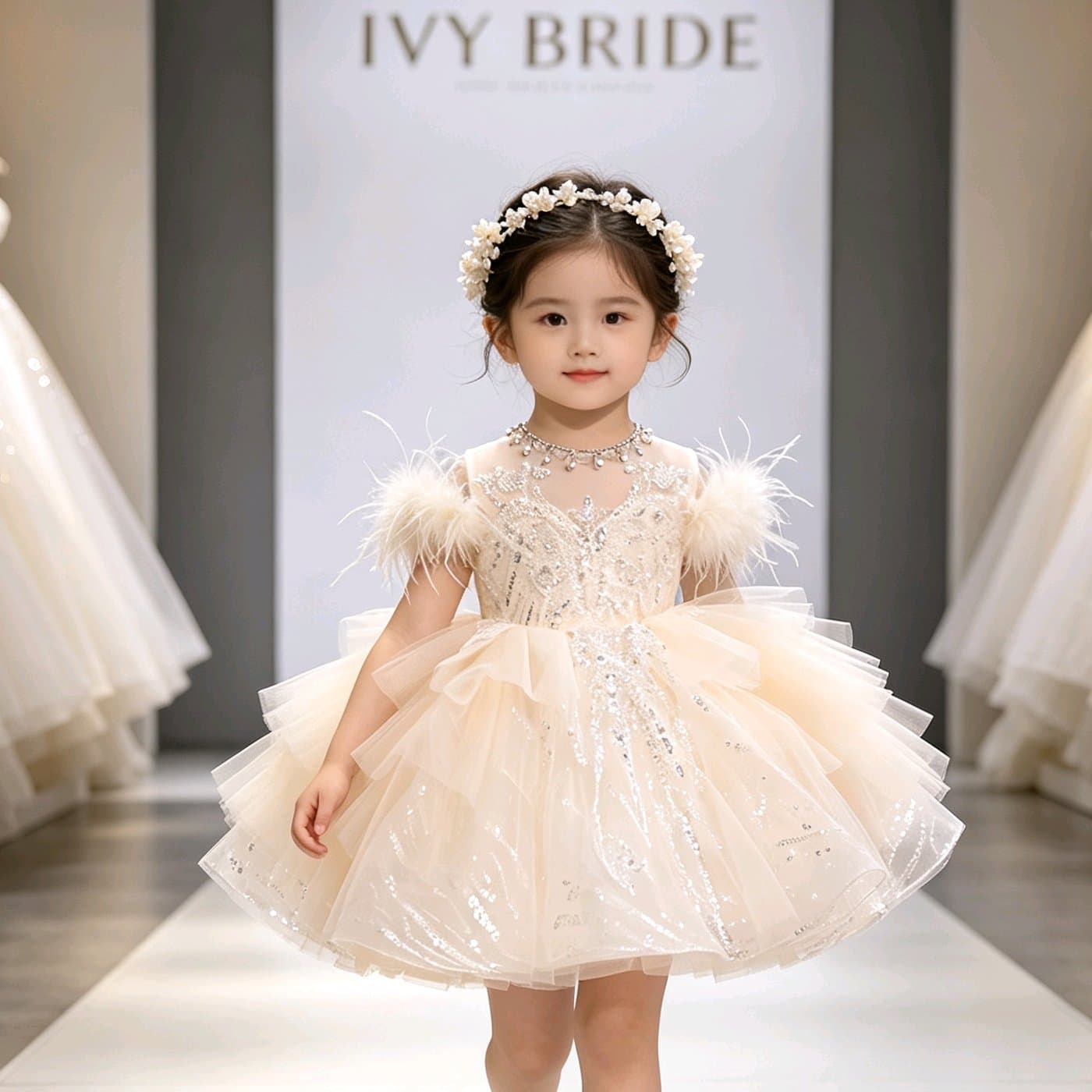 Light Luxury High-End Children Dress Princess Dress Girl Puffy Tulle Flower Girl Wedding Dress Niche Birthday Stylish Performance Dress