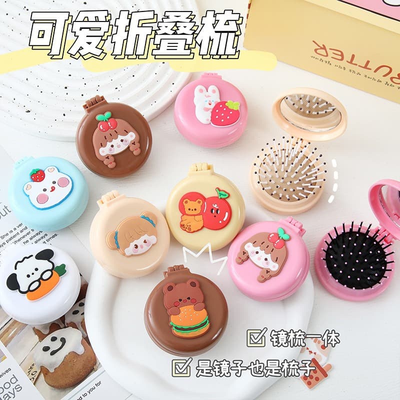 Custom Cute Cartoon Foldable Cushion Comb 2-in-1 Portable Mini Hairbrush for Women