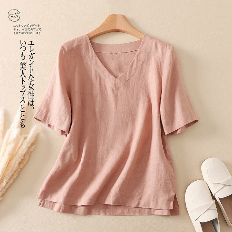 Actual pictures of cotton and linen tops for women, new summer shirts, simple V-neck shirts, five-quarter sleeve shirts, casual and versatile T