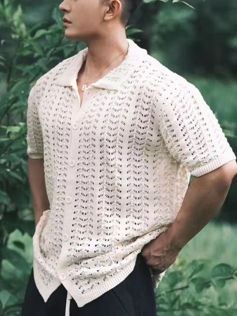 European and American men's shirts European and American men's summer new fashion solid color short-sleeved loose casual mesh hollow shirt