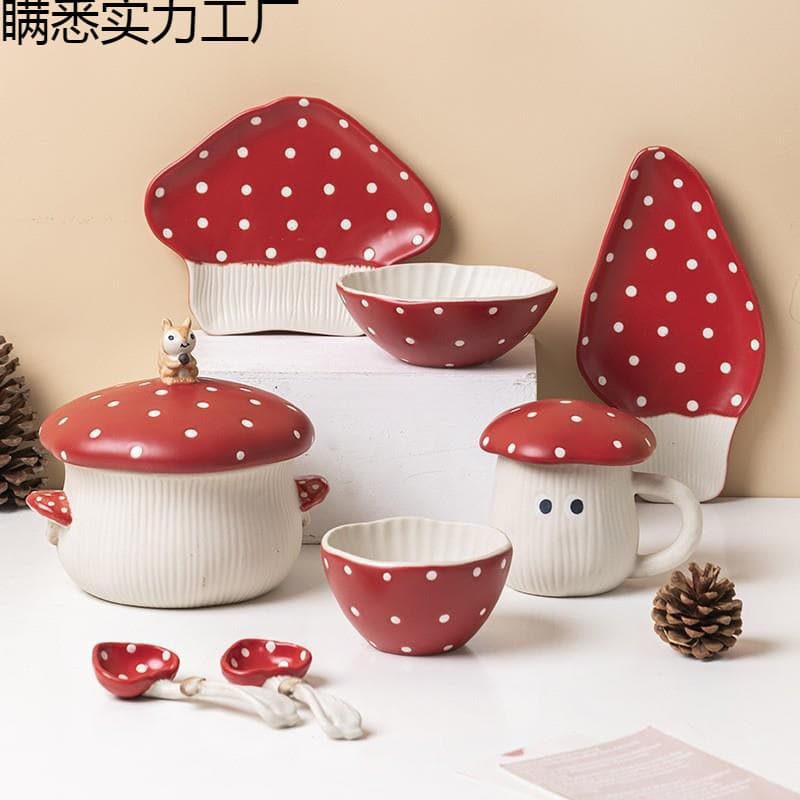 Adorable Red Mushroom Ceramic Tableware Set - Mug, Dessert Plate, Rice Bowl, Noodle Bowl, Salad Bowl, Spoon