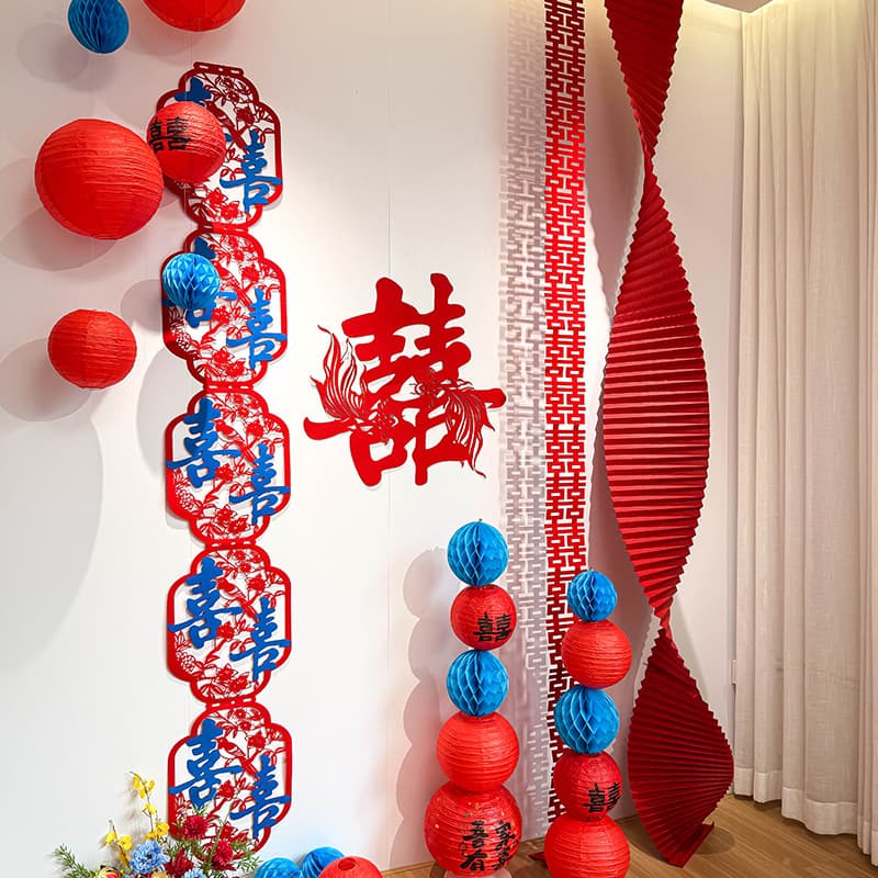Wedding room decoration set, long strip "double happiness" characters for both bride and groom, goldfish, red and blue koi fish decorations, wedding and engagement decorations.