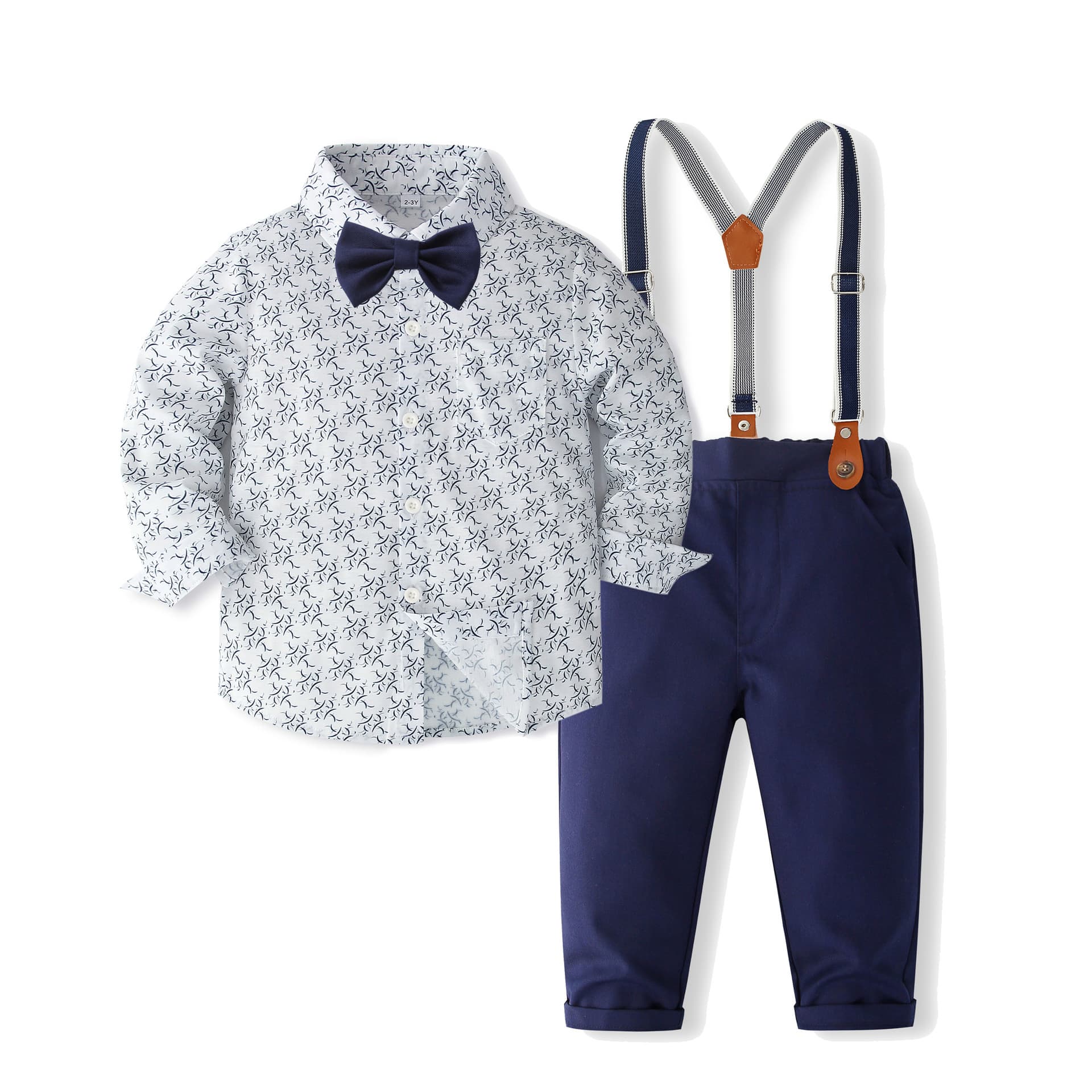 Boys' spring and autumn long-sleeved printed shirt overalls suit, two-piece set, British style gentleman's dress, 2-3 years old