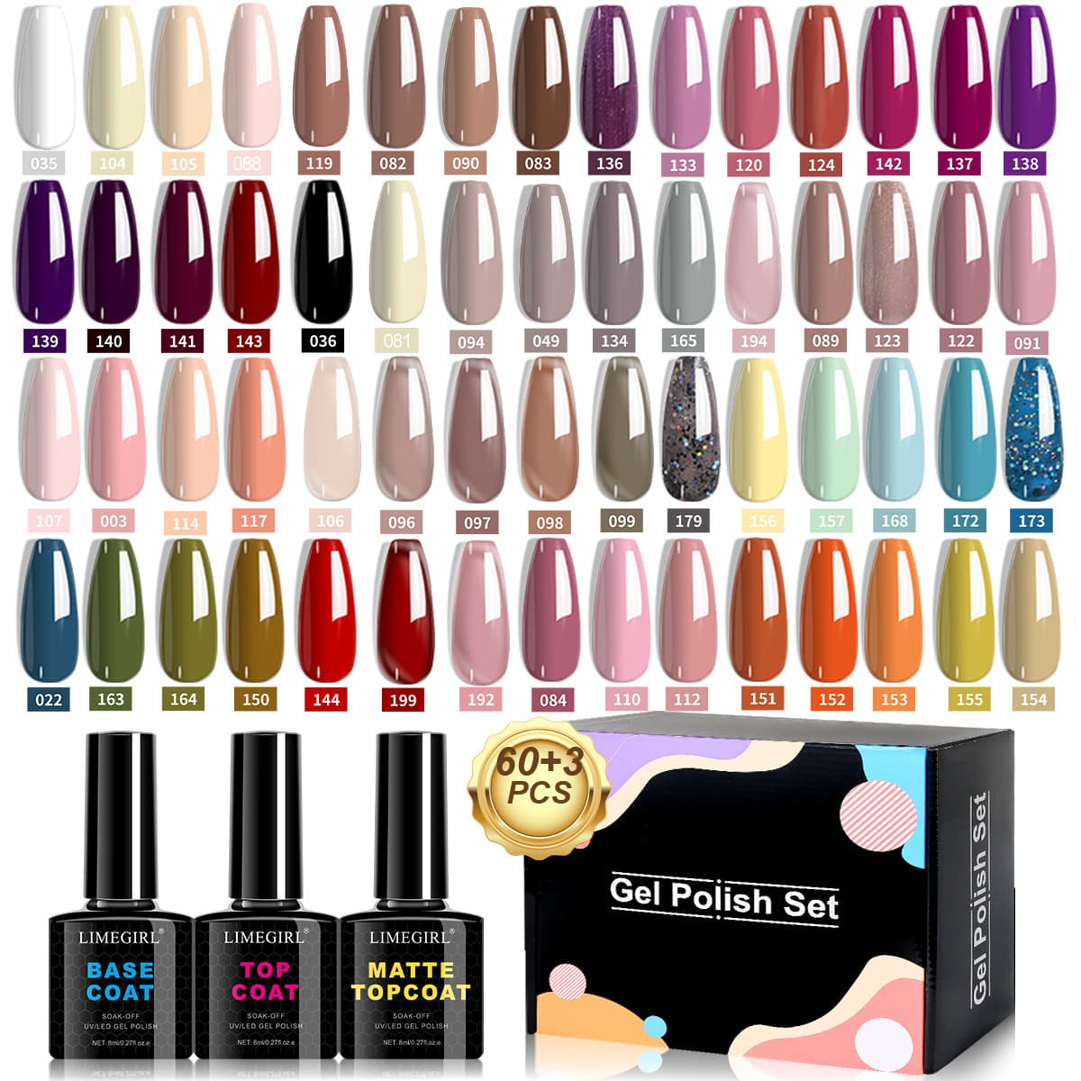 Amazon New 24-Color Nail Art Gel Set, Soak-Off UV Gel, No-Wipe Top Coat, Matte Top Coat, Base Coat