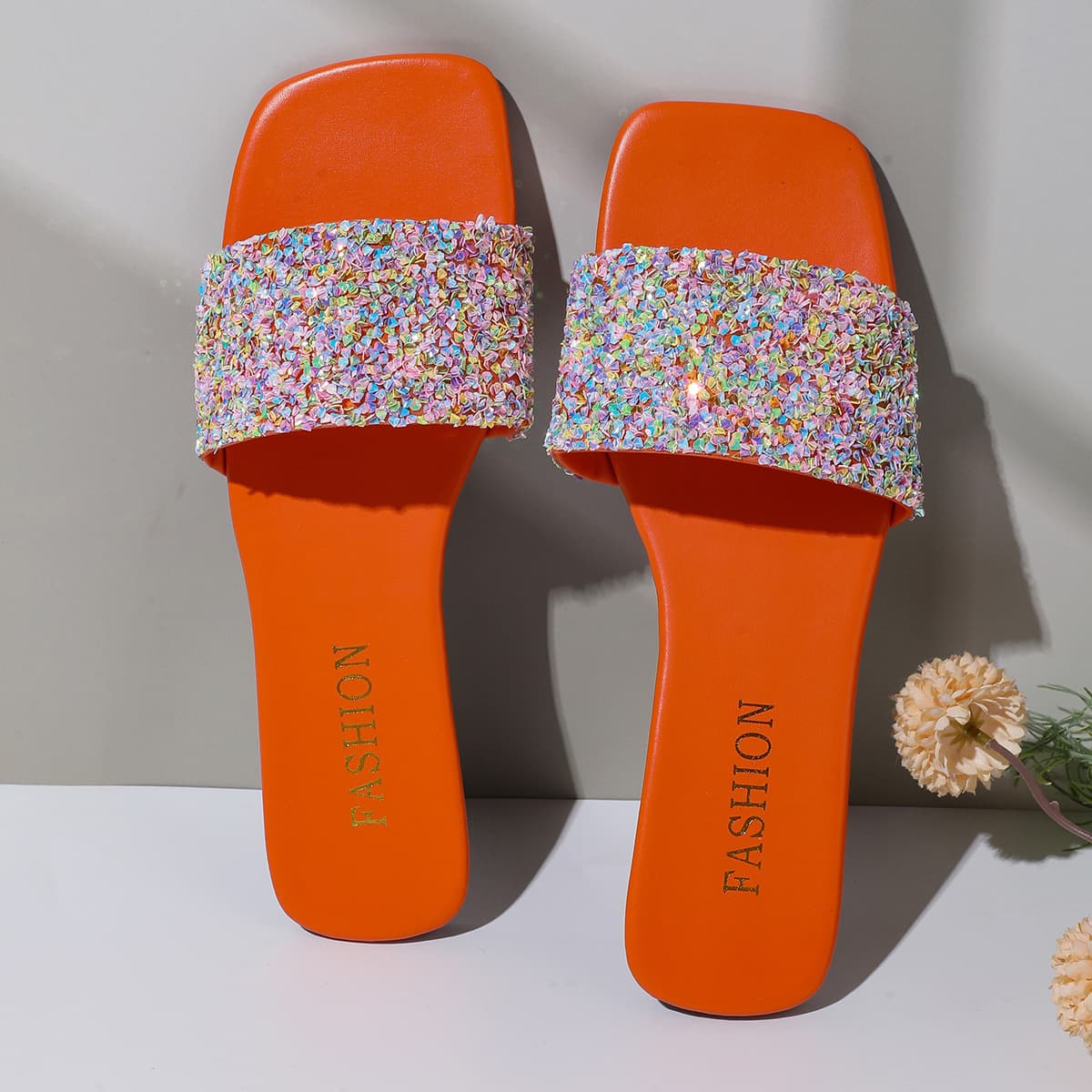 Women's Plus Size Flat Sandals, Summer New Style, Fairy Fashion Sequins Square Toe Flat Sandals for Women