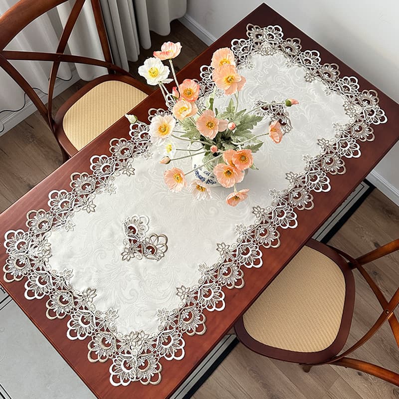 Lace Edge Coffee Table Mat, Rectangular Dining Table Dust Cover, New Chinese Style Mesh Tablecloth