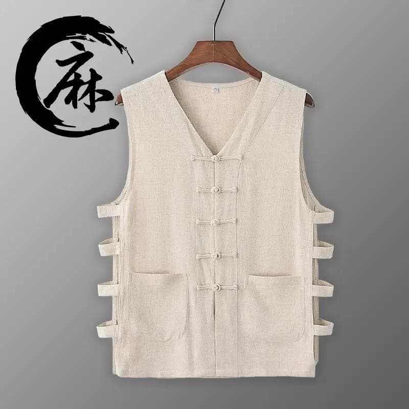 Summer casual linen vest, cotton and linen vest, men's retro buttoned Chinese jacket, sleeveless old man's shirt