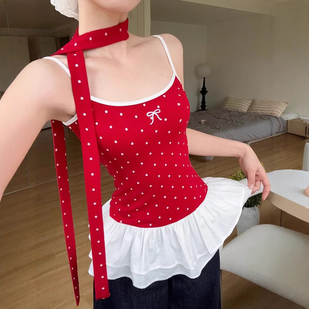 Ballet-style Red Polka Dot Bow Camisole Top for Women Summer Design with Ruffled Strap Details