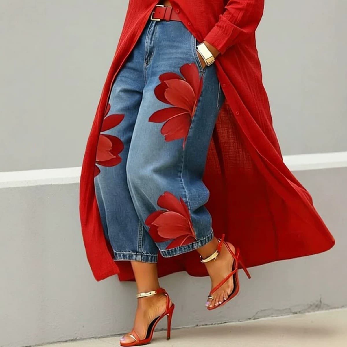 Cross-border European and American style women's floral print straight-leg trousers imitation denim mid-waist wide-leg nine-point jeans with free belt