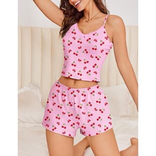 Mo Shang Cross-border New Heart Cherry Print Camisole Women's Pajamas Slim Fit Comfortable Wearable Outside Loungewear Set