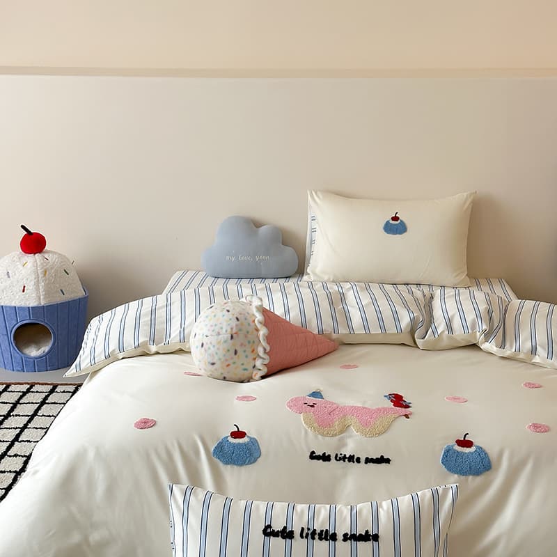 100% Cotton Ins Cartoon Style 100s Xinjiang Long-Staple Cotton 4-Piece Set Pure Cotton Towel-Embroidered Fitted Sheet Duvet Cover Bedding