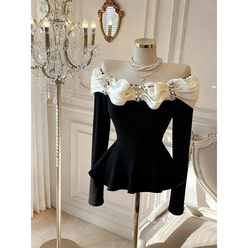 Chanel-style ruffled long-sleeve T-shirt for women, autumn/winter pure desire off-shoulder top, stunning base layer innerwear