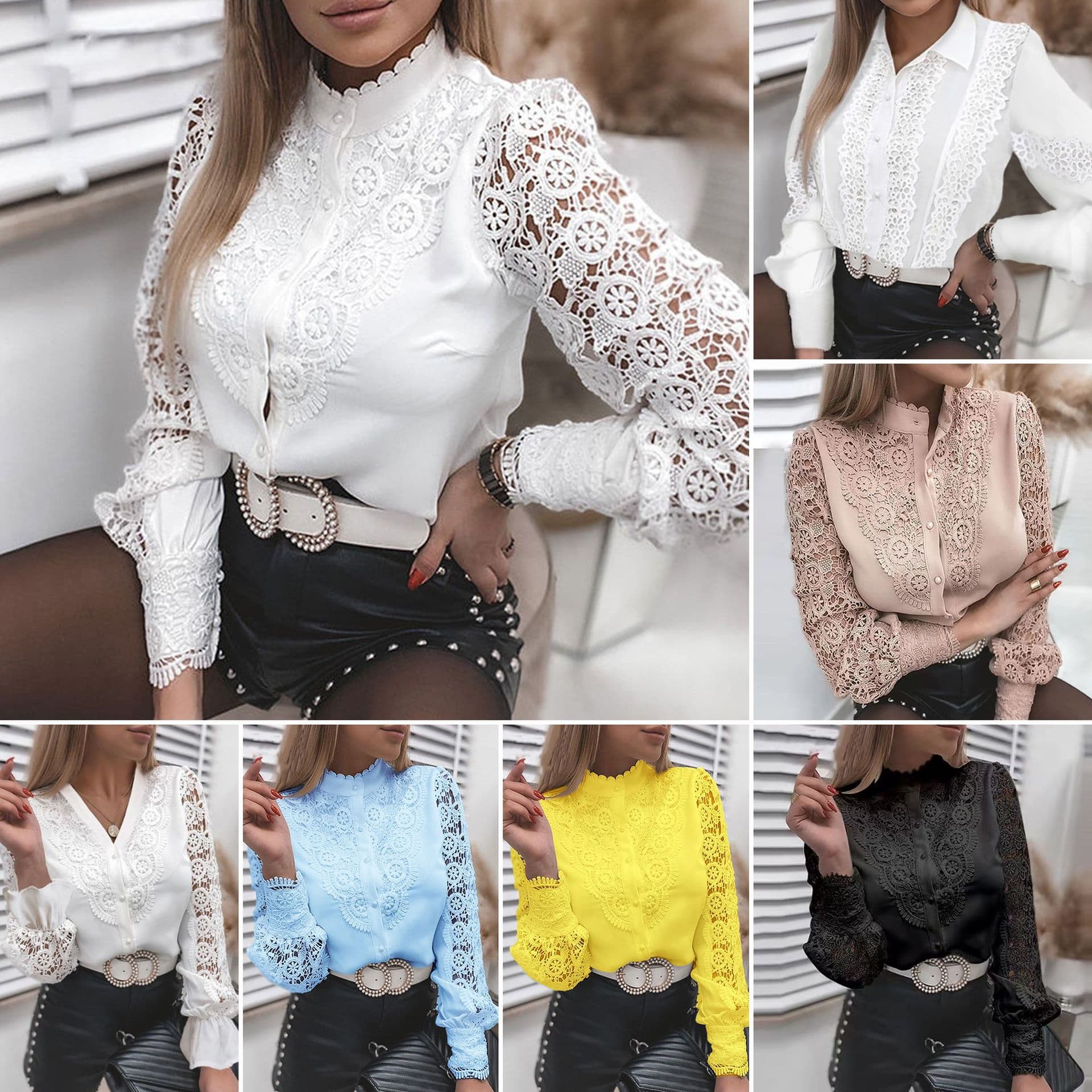 European 2026 AliExpress Wish Hot Selling Blouse New Solid Color Lace V-Neck Cardigan Women's Shirt
