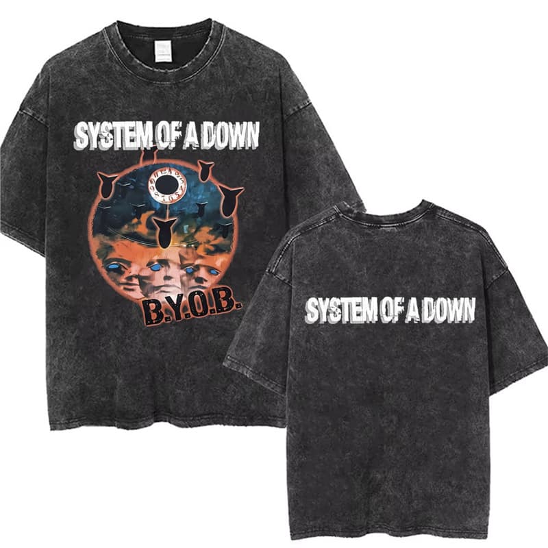 Washed Vintage Rock Band System of A Down BYOB Graphic T-shirt