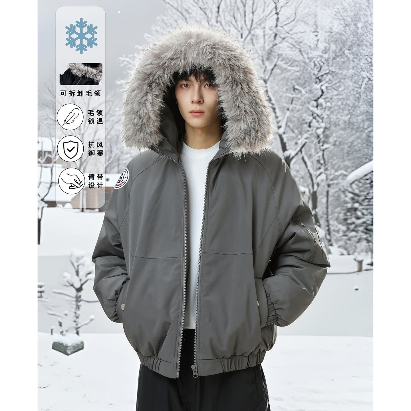 Outdoor Water-Resistant Warm Hooded Cotton Jacket for Men, Winter Detachable Fur Collar Coat, American Style Thickened Parka