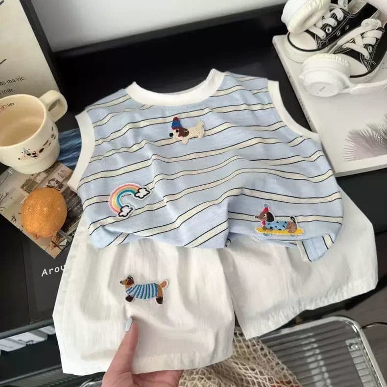 Boys Summer Outfit Set Kids Korean Style Casual Versatile Loose Cartoon Striped Tank Top Two-Piece Set Infant Toddler Clothes