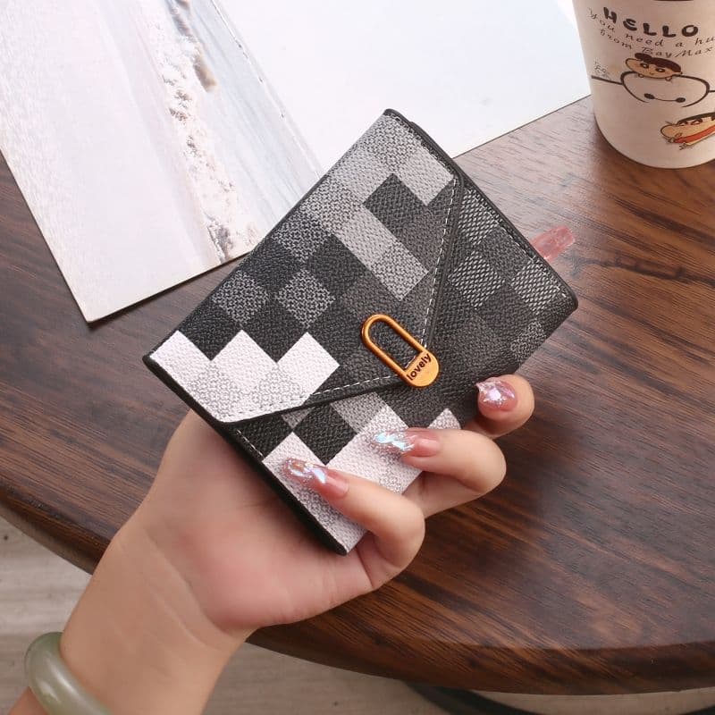 Wallet Women's Short 2024 New Contrast Color Plaid Three-fold Snap Button Niche Design Multi-card Card Bag Coin Purse