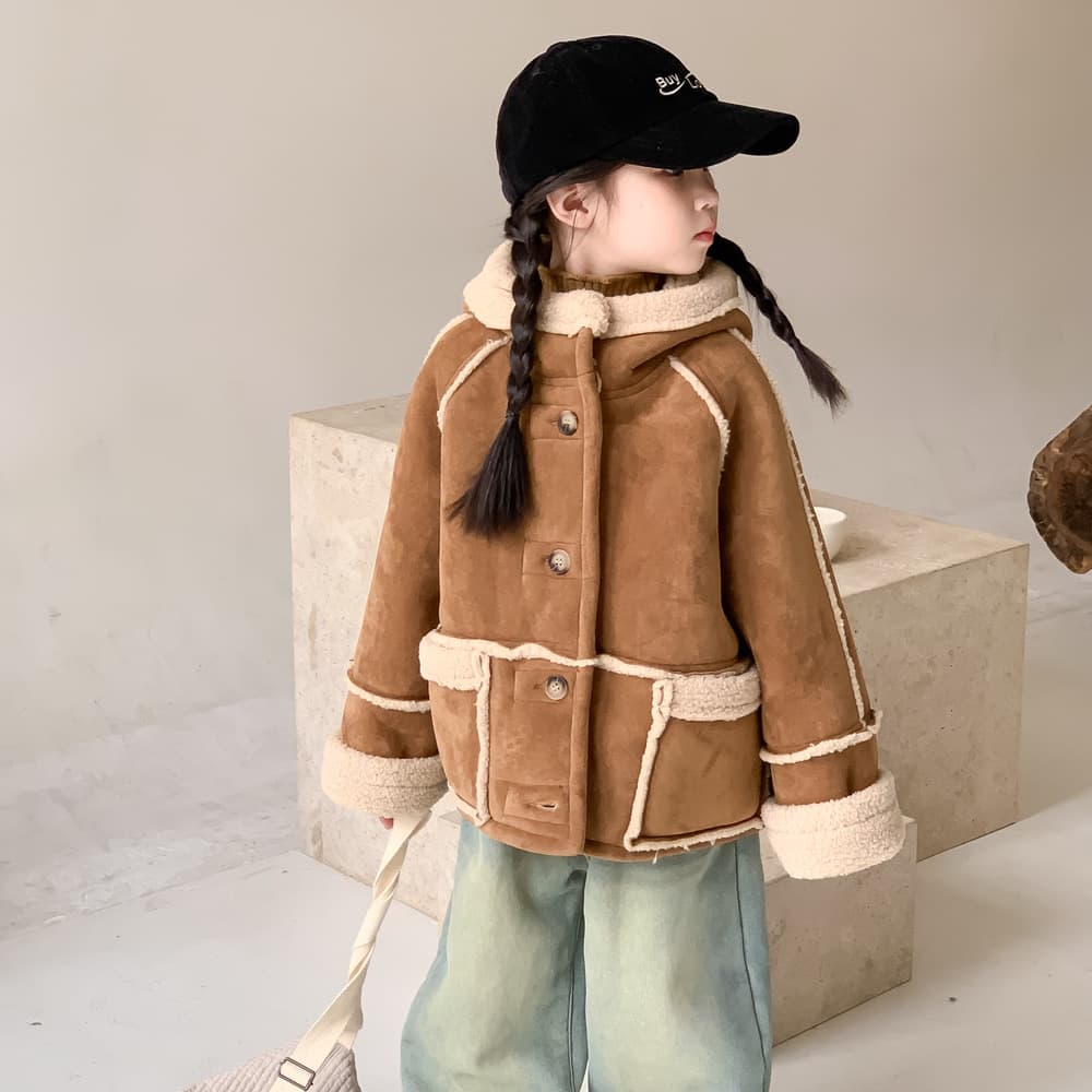 2025 Winter Girls' Mallard Hooded Shearling Coat, Children's Thickened Short Warm Jacket