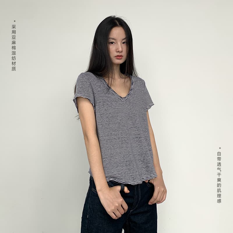 Thin V-Neck Linen Striped Short-Sleeved T-Shirt for Women 2026 New Design Retro Korean Style Relaxed Sun Protection Cover-Up