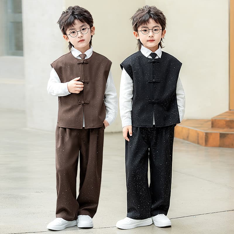 Kids Vest Set Boys Sequin Retro New Chinese Suit Tang Suit Host Flower Boy Walk Show Dress