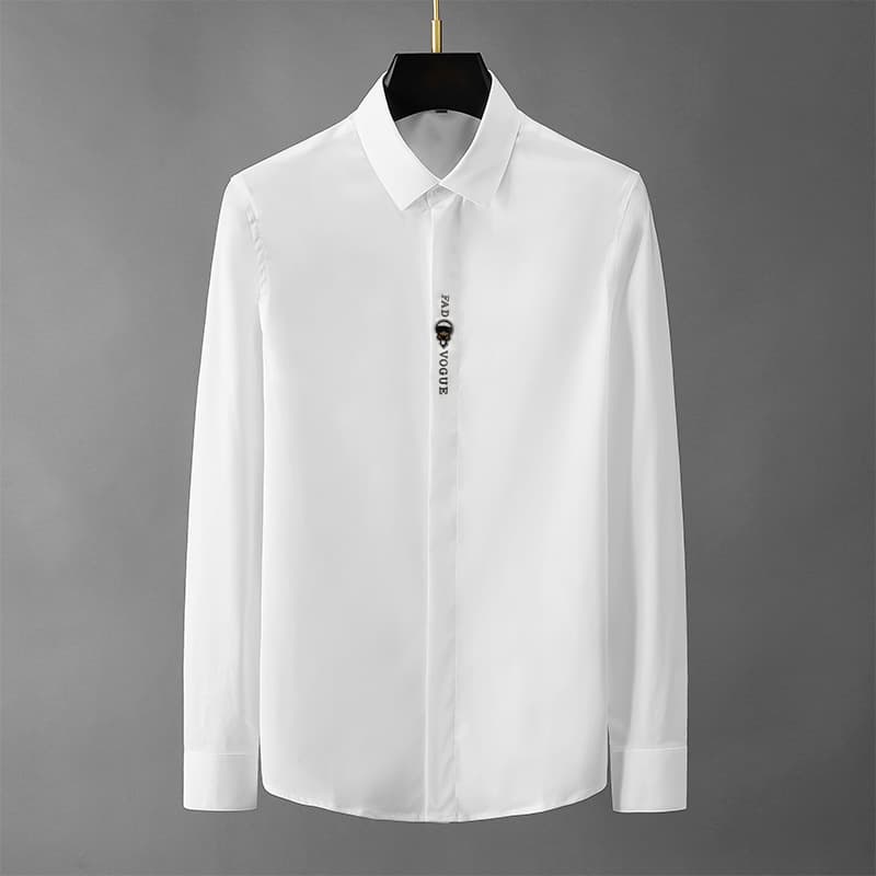 Men's Light Luxury High-End Non-Iron Solid Long-Sleeve Shirt with Tie and Embroidery, Versatile Pure White Dress Shirt
