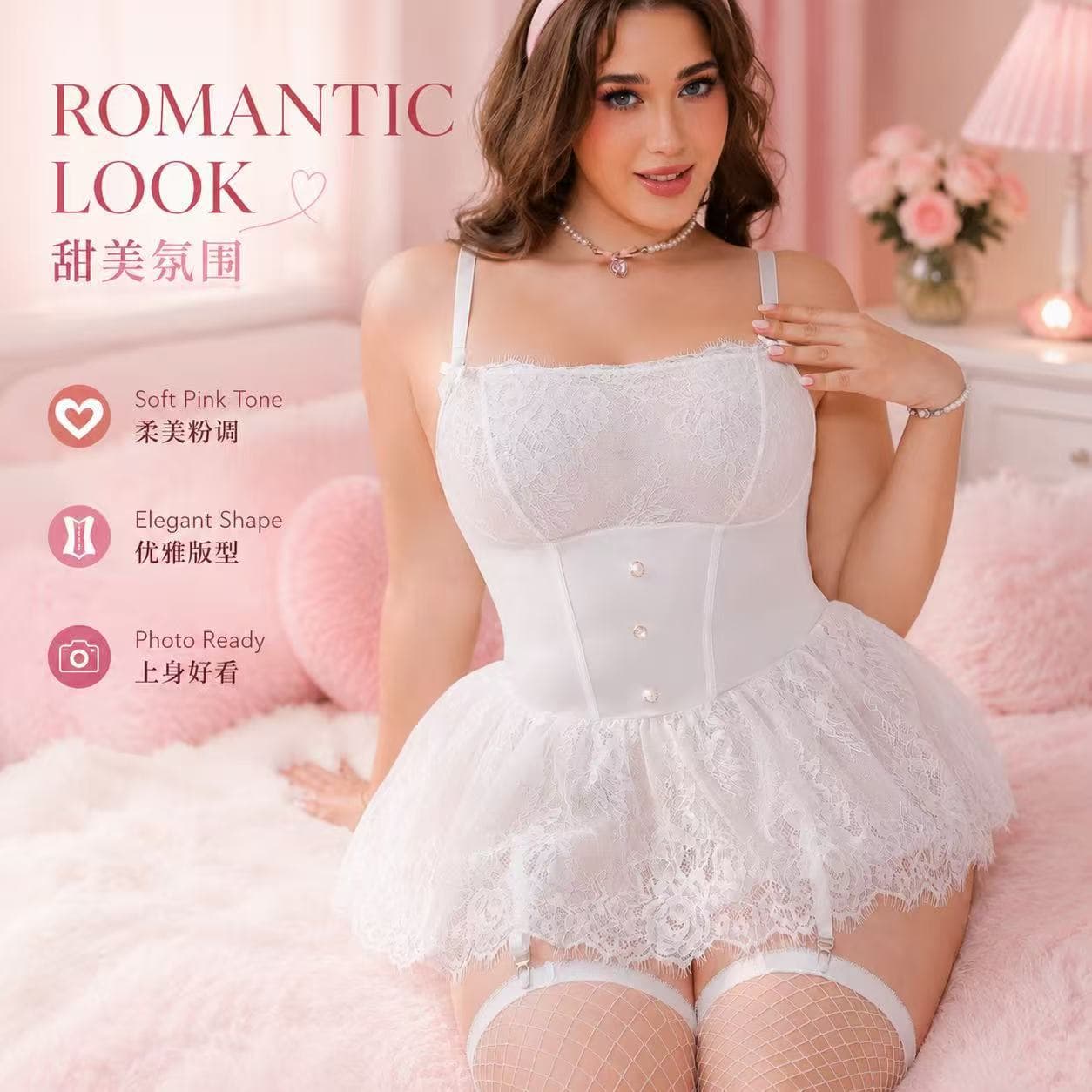 Cross-border Europe and America Lingerie Plus Size Sexy Lace Push-up Camisole Dress Fishbone Binding Tempting Bodysuit Set