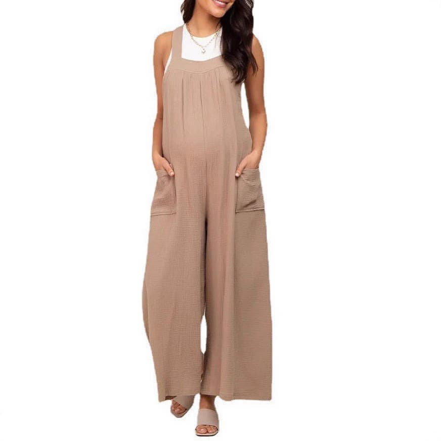 Maternity Pants Spring Summer Thin Beige Tie-Waist Wide-Leg Casual Maternity Pants